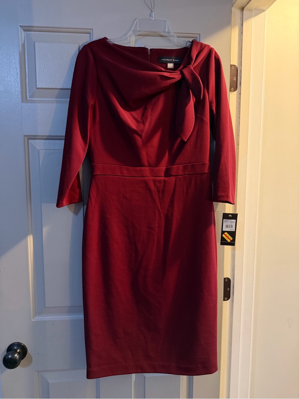 Andrew Marc Wine Red Long Sleeve Sheath Dress with Neck Bow